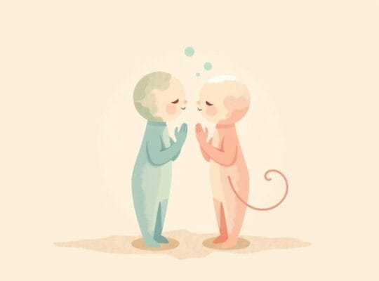 Dwie abstrakcyjne, pastelowe postacie w łagodnej interakcji, symbolizujące empatię i budowanie więzi.