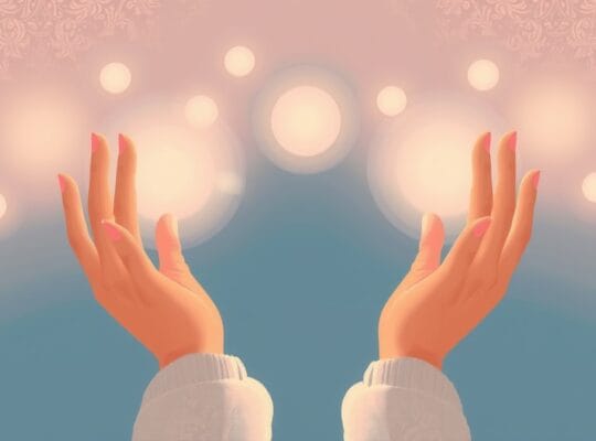 Dłonie sięgające ku świetlistym formom, symbolizującym połączenie i zrozumienie.