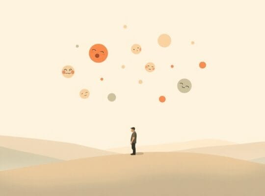 Postać odpuszcza pastelowe, abstrakcyjne kształty emocji, symbolizując spokój i rozwój.