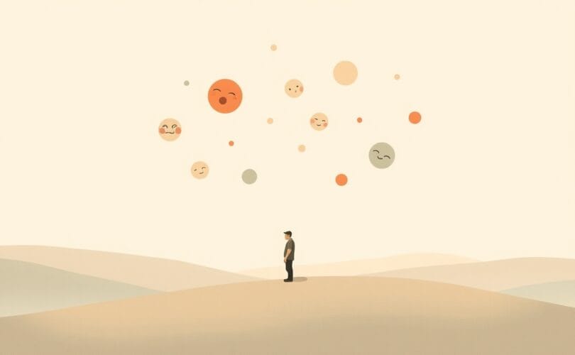 Postać odpuszcza pastelowe, abstrakcyjne kształty emocji, symbolizując spokój i rozwój.