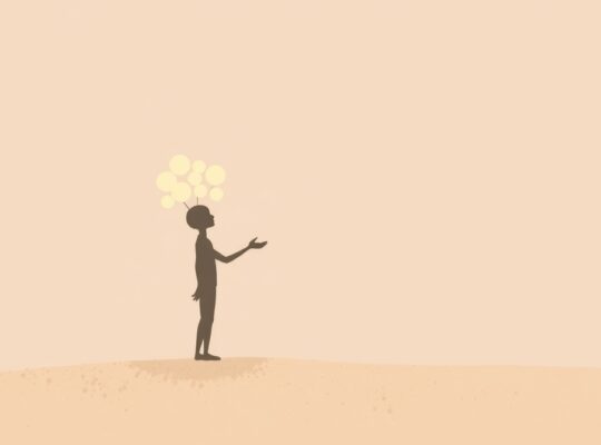 Abstrakcyjna postać z pastelowych linii wyciąga dłoń do świecących kulek, symbolizując niewypowiedziane potrzeby.