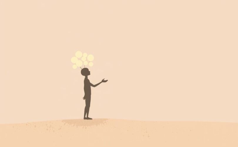 Abstrakcyjna postać z pastelowych linii wyciąga dłoń do świecących kulek, symbolizując niewypowiedziane potrzeby.