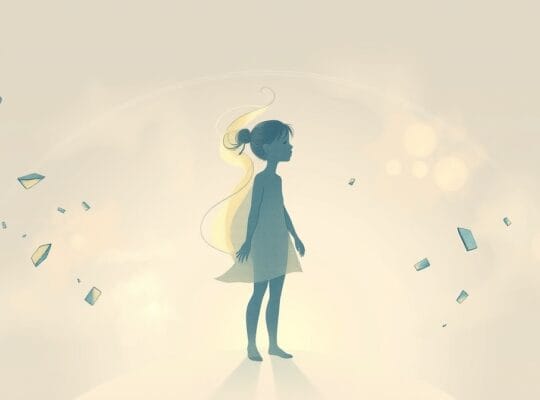 Eteryczna sylwetka z mgły i światła, integrująca fragmentaryczne wspomnienia w pastelowej palecie.