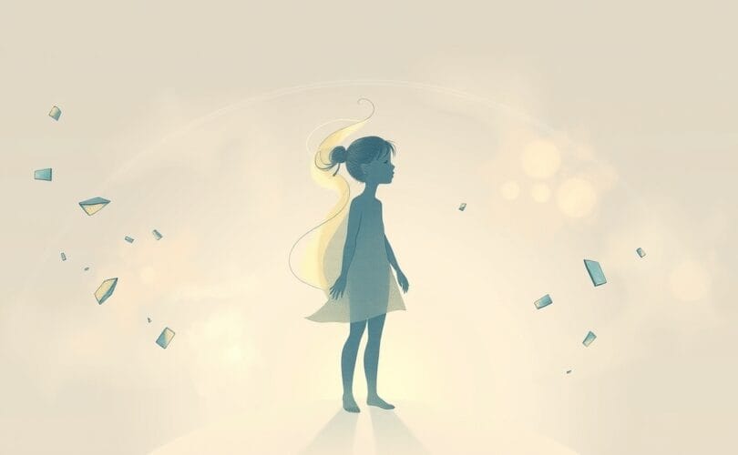 Eteryczna sylwetka z mgły i światła, integrująca fragmentaryczne wspomnienia w pastelowej palecie.