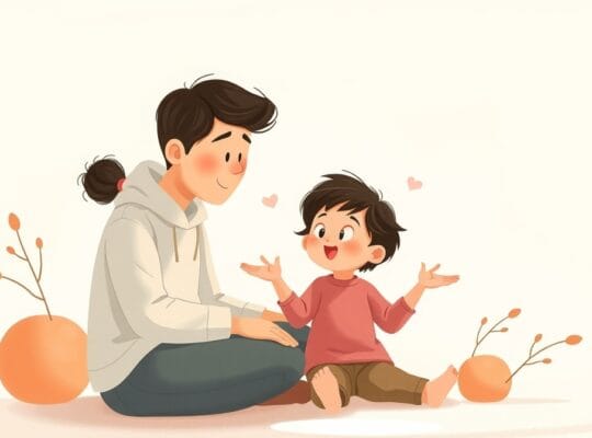 Rodzic uważnie słucha dziecka, otoczeni ciepłym światłem i łagodnymi kształtami symbolizującymi bezpieczeństwo.