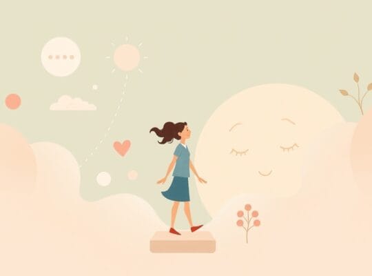 Spokojna postać w pastelach odnajduje równowagę w żywiołowym świecie pracy.