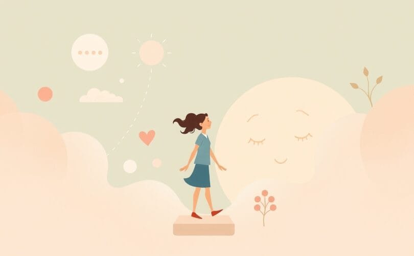 Spokojna postać w pastelach odnajduje równowagę w żywiołowym świecie pracy.