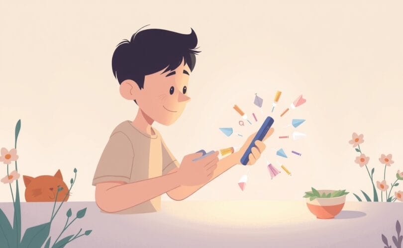 Osoba odłączająca się od cyfrowego świata, odzyskująca kontrolę w spokojnym, pastelowym otoczeniu.