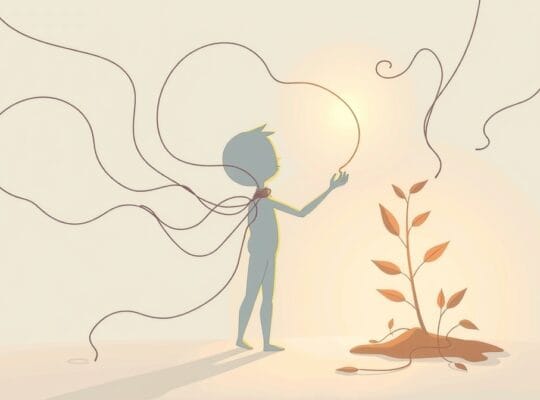 Ilustracja: postać uwalnia się od pracy, sięgając po światło i roślinę.