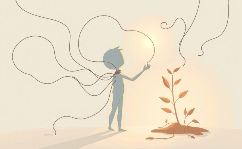 Ilustracja: postać uwalnia się od pracy, sięgając po światło i roślinę.