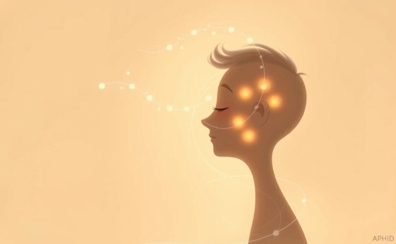 Sylwetka dorosłego z ADHD z wirującymi myślami i rozproszonym światłem.