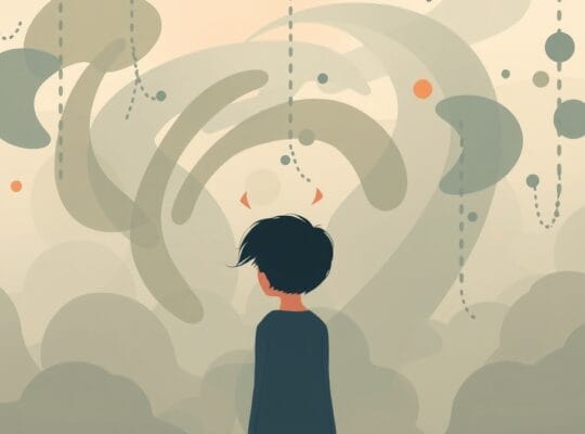 Przytłoczona osoba w wirze pastelowych barw symbolizujących zmęczenie psychiczne.