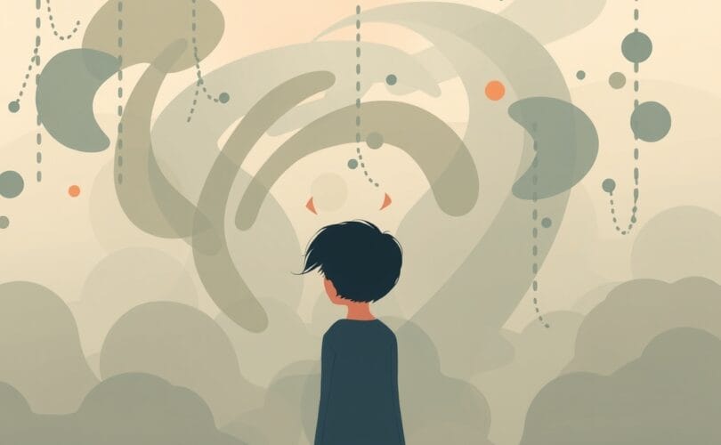 Przytłoczona osoba w wirze pastelowych barw symbolizujących zmęczenie psychiczne.