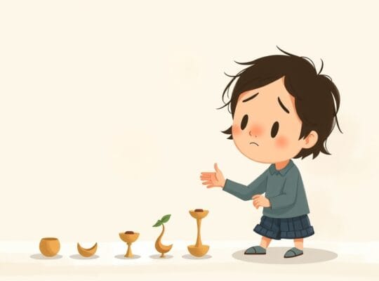 Ulegająca presji perfekcji postać, budująca wieżę z kruchych przedmiotów.