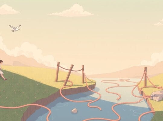 Subtelny, pastelowy krajobraz z powtarzającym się motywem symbolizującym natrętne myśli.