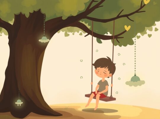 Dziecko na huśtawce w pastelach, unoszące się kształty symbolizują uczucia i wsparcie.
