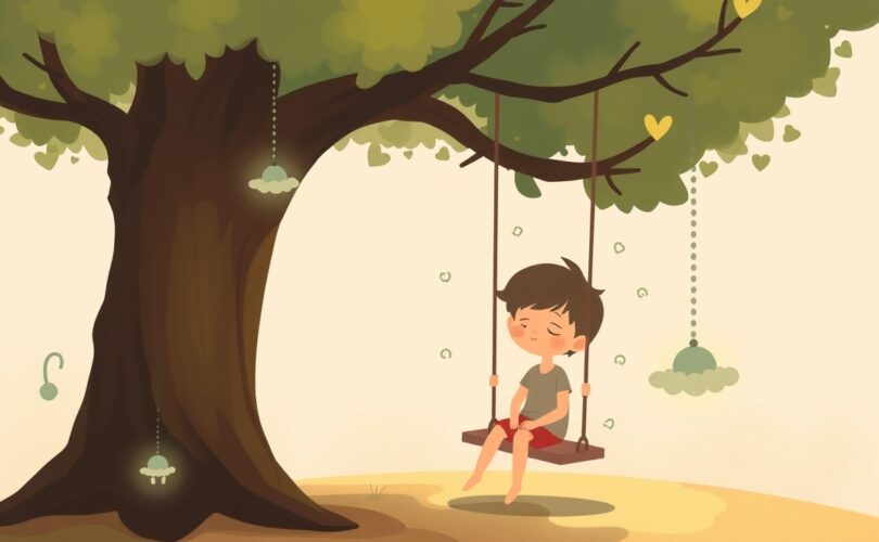 Dziecko na huśtawce w pastelach, unoszące się kształty symbolizują uczucia i wsparcie.
