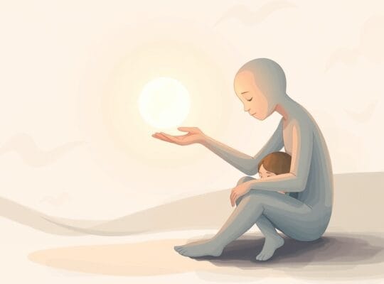 Wspierająca dłoń oferuje światło osobie przygarbionej, pastelowa, kojąca ilustracja.