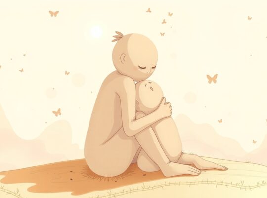 Delikatne, pastelowe sylwetki w objęciu, symbolizujące wsparcie i uzdrowienie w żałobie.