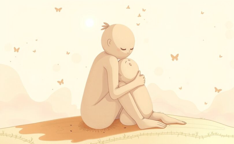 Delikatne, pastelowe sylwetki w objęciu, symbolizujące wsparcie i uzdrowienie w żałobie.