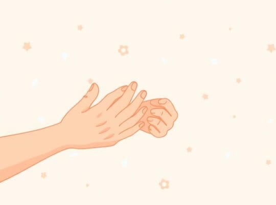 Dłonie symbolizujące wsparcie: jedna wyciągnięta, druga lekko zaciśnięta.