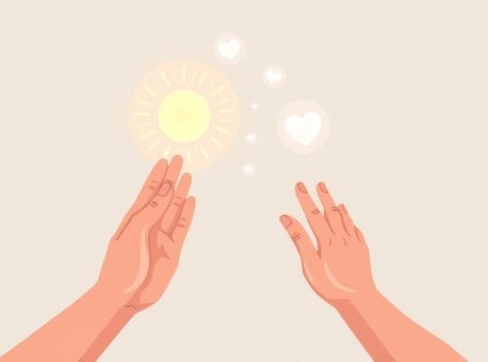 Dwie dłonie zbliżają się; jedna oferuje światło, druga je przyjmuje.