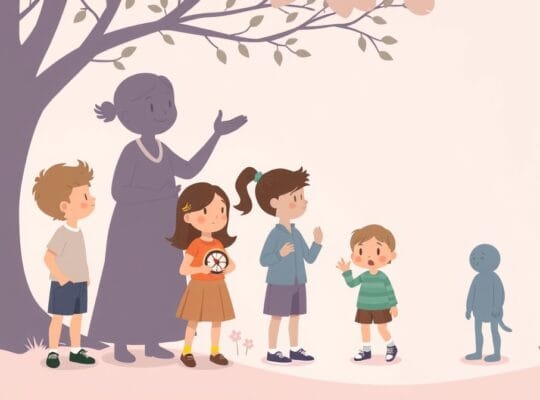 Dziecko przy rozdrożu otrzymuje wsparcie od dorosłego. Pastelowe barwy, styl animacji.