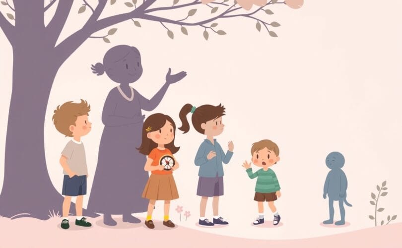 Dziecko przy rozdrożu otrzymuje wsparcie od dorosłego. Pastelowe barwy, styl animacji.