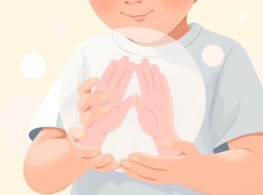 Dziecko trzyma symbol dłoni rodziców, ilustracja wsparcia w trudnym czasie.