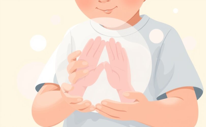 Dziecko trzyma symbol dłoni rodziców, ilustracja wsparcia w trudnym czasie.