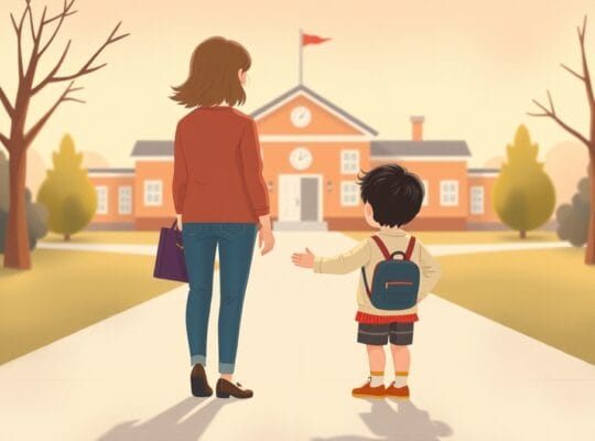 Dziecko z rodzicem idą do szkoły, pastelowa ilustracja, wizualizacja wsparcia i spokoju.