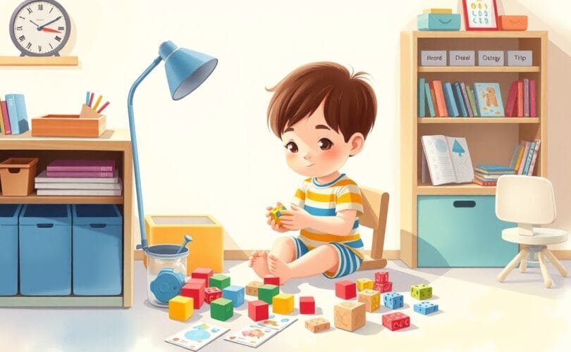 Dziecko skupione na budowaniu z klocków, wokół edukacyjne karty, w pastelowych barwach.