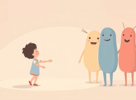 Stylizowana ilustracja pastelowa, ukazująca postać i abstrakcyjne kształty, symbolizujące nawiązywanie relacji.