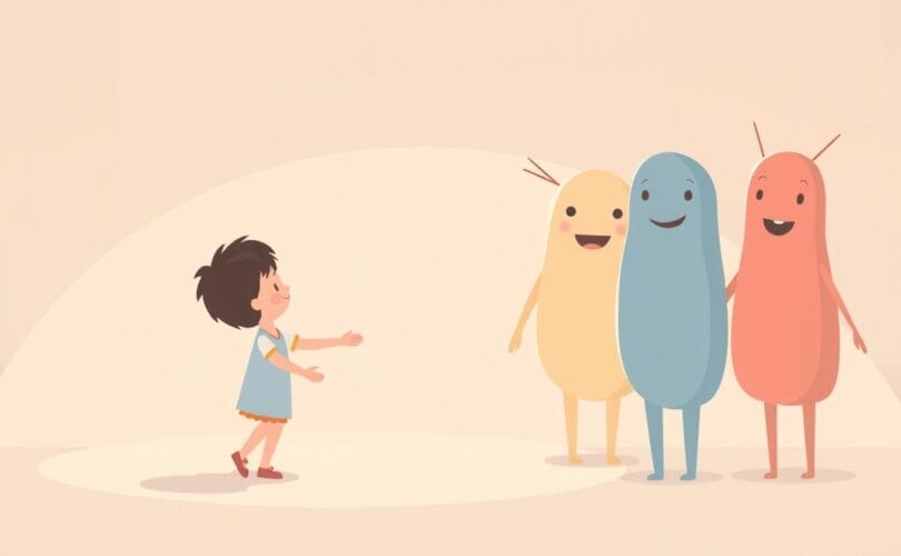 Stylizowana ilustracja pastelowa, ukazująca postać i abstrakcyjne kształty, symbolizujące nawiązywanie relacji.