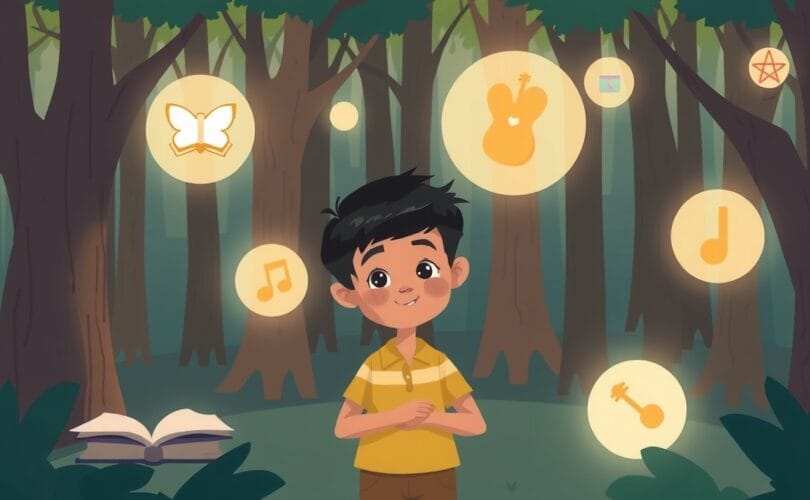 Młoda osoba w zaczarowanym lesie ścieżek zainteresowań, oświetlona pastelowym blaskiem.