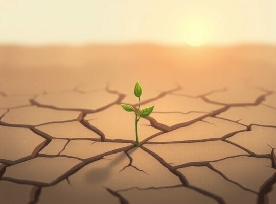 Kruchy pęd wyrasta z wyschniętej ziemi ku łagodnemu światłu, symbolizując nadzieję po trudach.