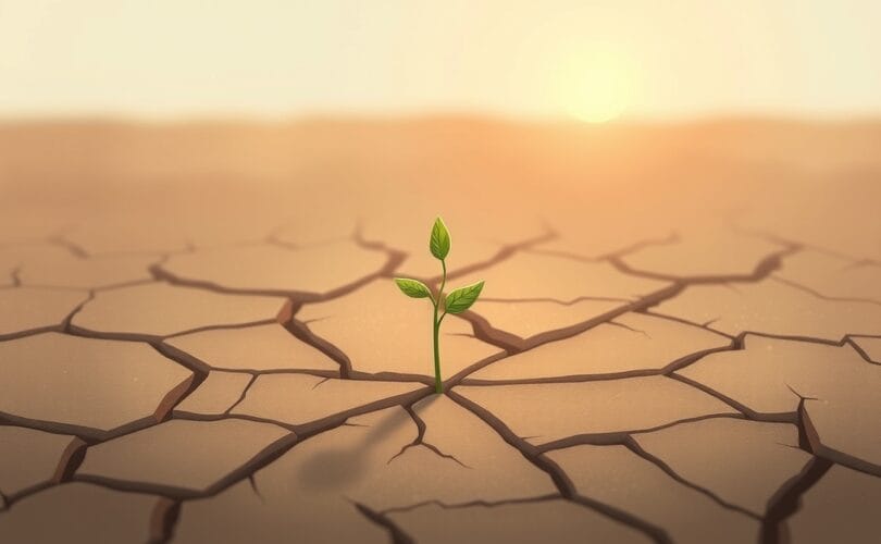 Kruchy pęd wyrasta z wyschniętej ziemi ku łagodnemu światłu, symbolizując nadzieję po trudach.