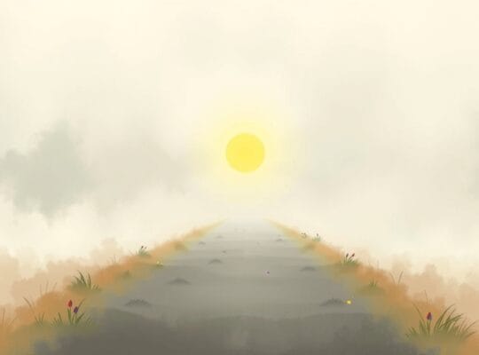 Ścieżka w mglistej mgle, przez którą przebija małe słońce, symbol nadziei.