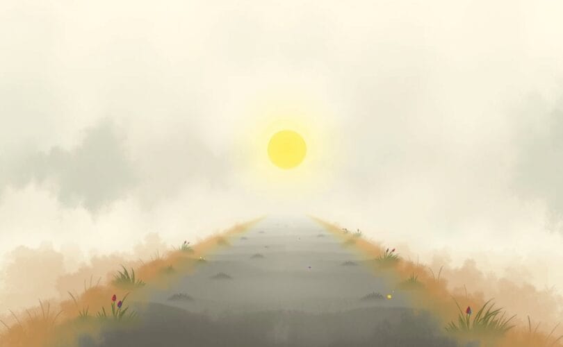 Ścieżka w mglistej mgle, przez którą przebija małe słońce, symbol nadziei.