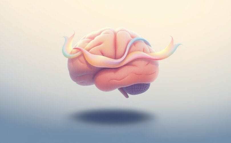 Abstrakcyjna ilustracja w pastelach: mózg godzący sprzeczne strumienie światła.