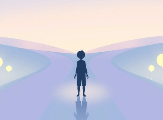 Sylwetka na rozdrożu wpływu innych, pastelowa ilustracja o łagodnym, refleksyjnym nastroju.