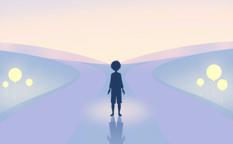 Sylwetka na rozdrożu wpływu innych, pastelowa ilustracja o łagodnym, refleksyjnym nastroju.