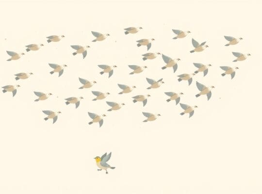 Mały ptak o unikalnym wzorze skrzydła odchodzi od stada, symbolizując indywidualność.