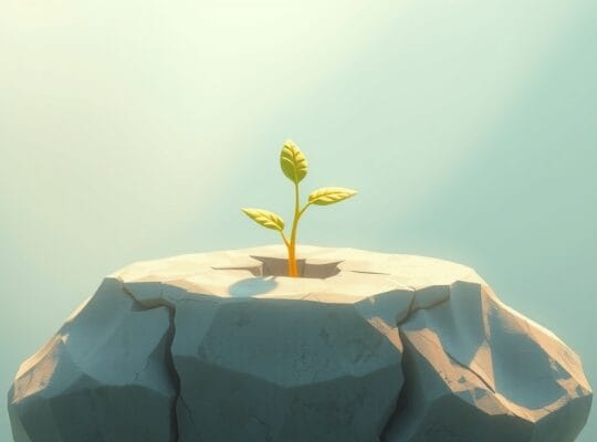 Stylizowana roślina rośnie z pękniętego kamienia, z którego emanuje światło, symbolizując rozwój dzięki krytyce.