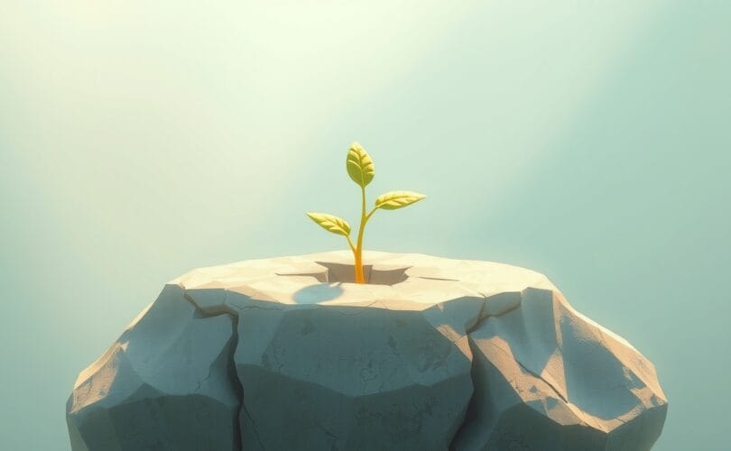 Stylizowana roślina rośnie z pękniętego kamienia, z którego emanuje światło, symbolizując rozwój dzięki krytyce.