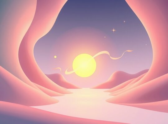 Abstrakcyjny krajobraz, gdzie ścieżki emocji i rozumu zbiegają się w pulsującej, świetlistej kuli.