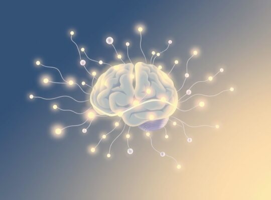 Stylizowana kora przedczołowa z promienistymi nićmi symbolizującymi samoregulację i świadome wybory.