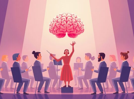 Kora ruchowa jako dyrygent prowadzi orkiestrę ludzkich kończyn w płynnym ruchu pastelowych barwach.