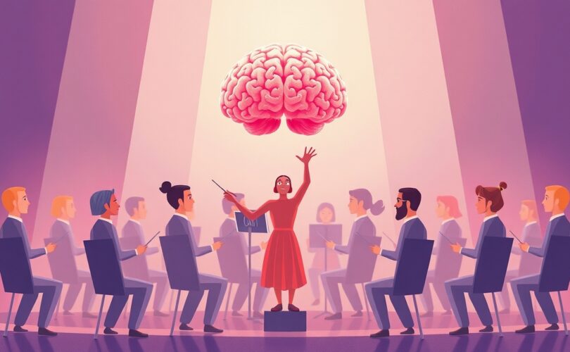 Kora ruchowa jako dyrygent prowadzi orkiestrę ludzkich kończyn w płynnym ruchu pastelowych barwach.