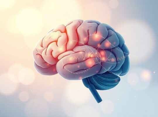 Kora słuchowa jako rozkwitająca fala dźwiękowa w abstrakcyjnym mózgu, styl animacji.